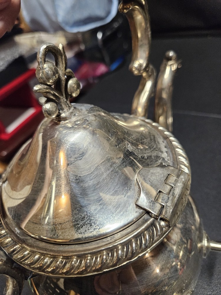 VINTAGE Birmingham Silver Co Silver on Copper Tilting Teapot on Stand w Warmer