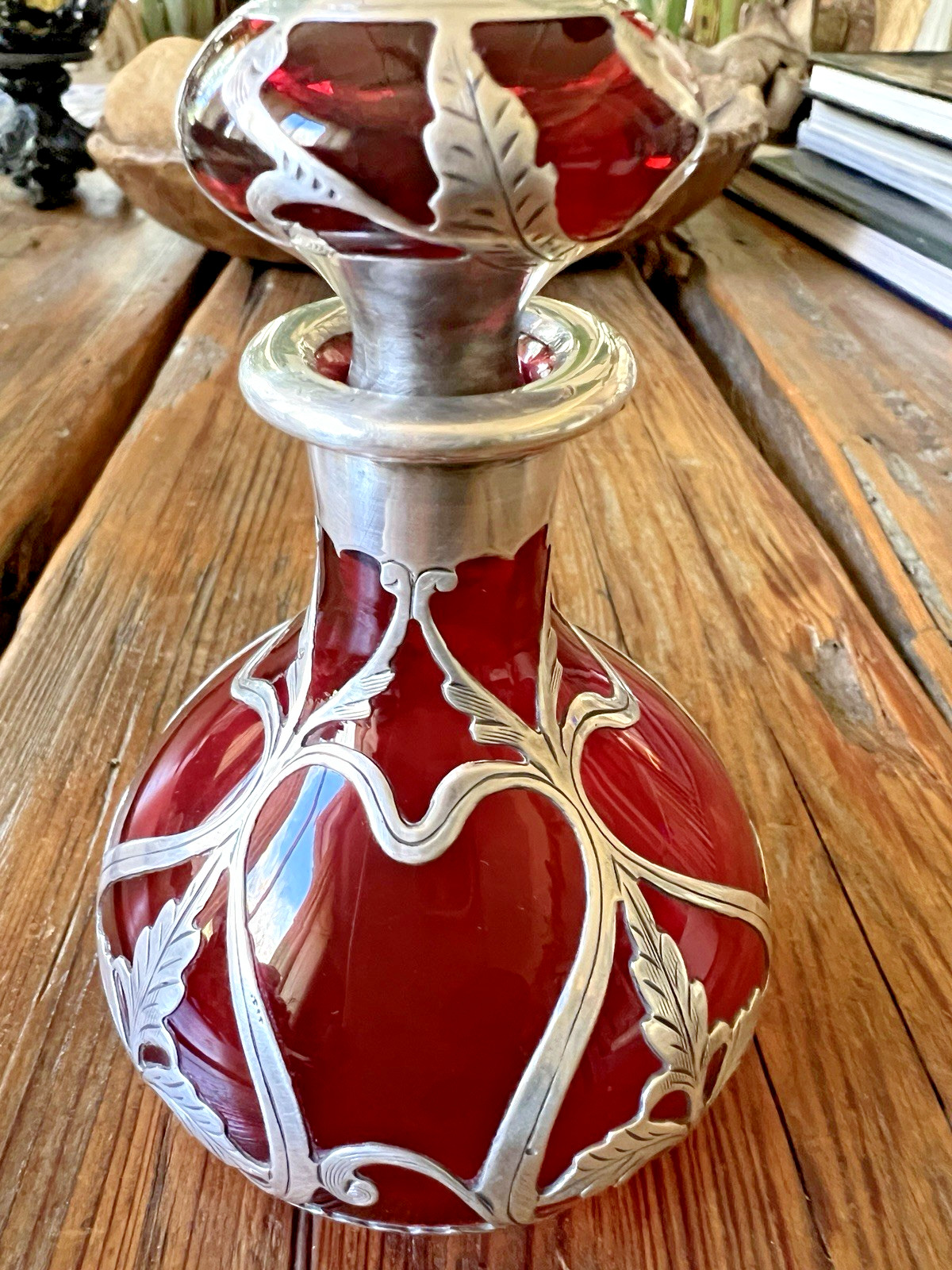 Gorham Perfume D952 Antique Art Nouveau Bottle American Red Glass Silver Overlay
