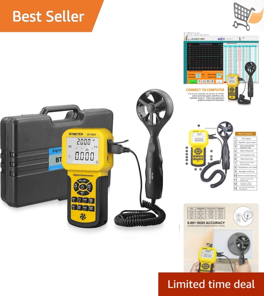 Pro CFM Anemometer Wind Speed Temp Flow Meter for HVAC USB Data Recording