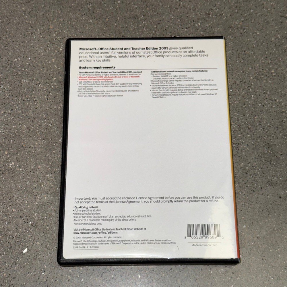Microsoft Office Student & Teacher Edition 2003 + Disc & Key | XP/2000