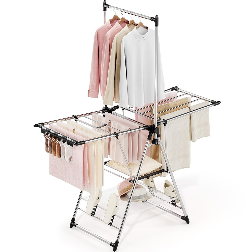 APEXCHASER Clothes Drying Rack with High Hanger, Foldable 3-Level Drying Rack...