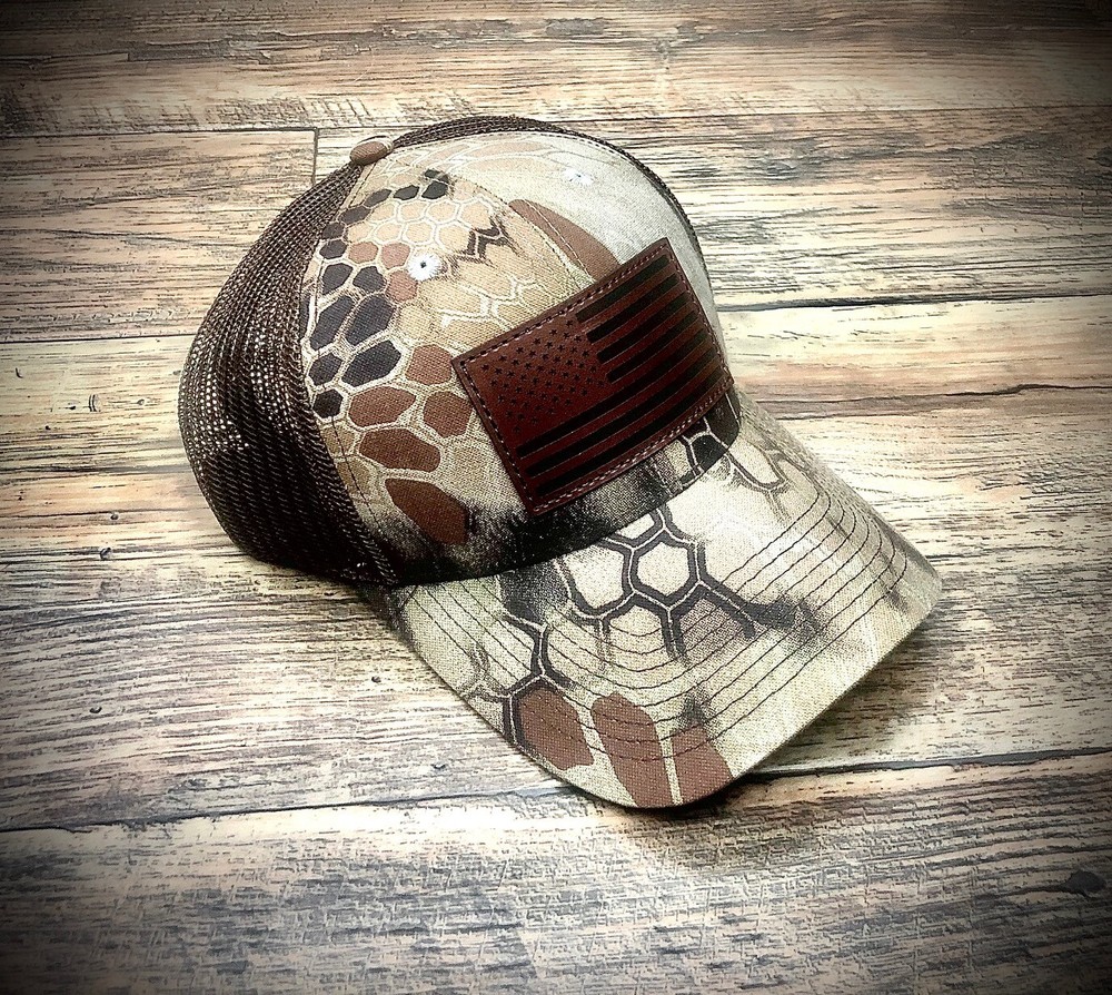 Kryptek Highlander Camo Meshback Snapback Hat/Cap w/ Leather American Flag Patch