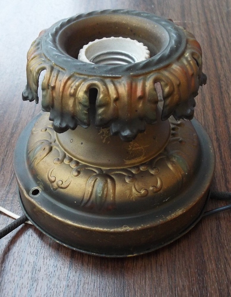 Antique Vintage Flush Mount Pressed Brass Ceiling Single Light Flame Collar