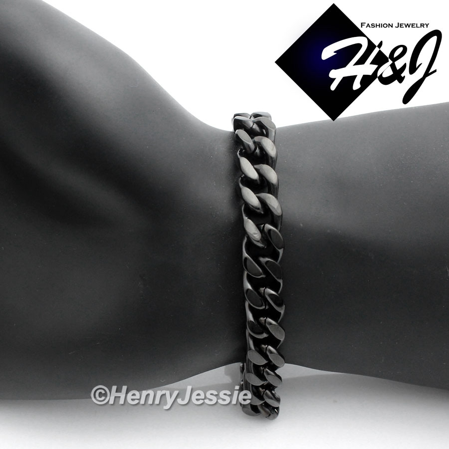 7.5"-11"MEN Stainless Steel WIDE 9mm Black Plated Cuban Curb Link Chain Bracelet