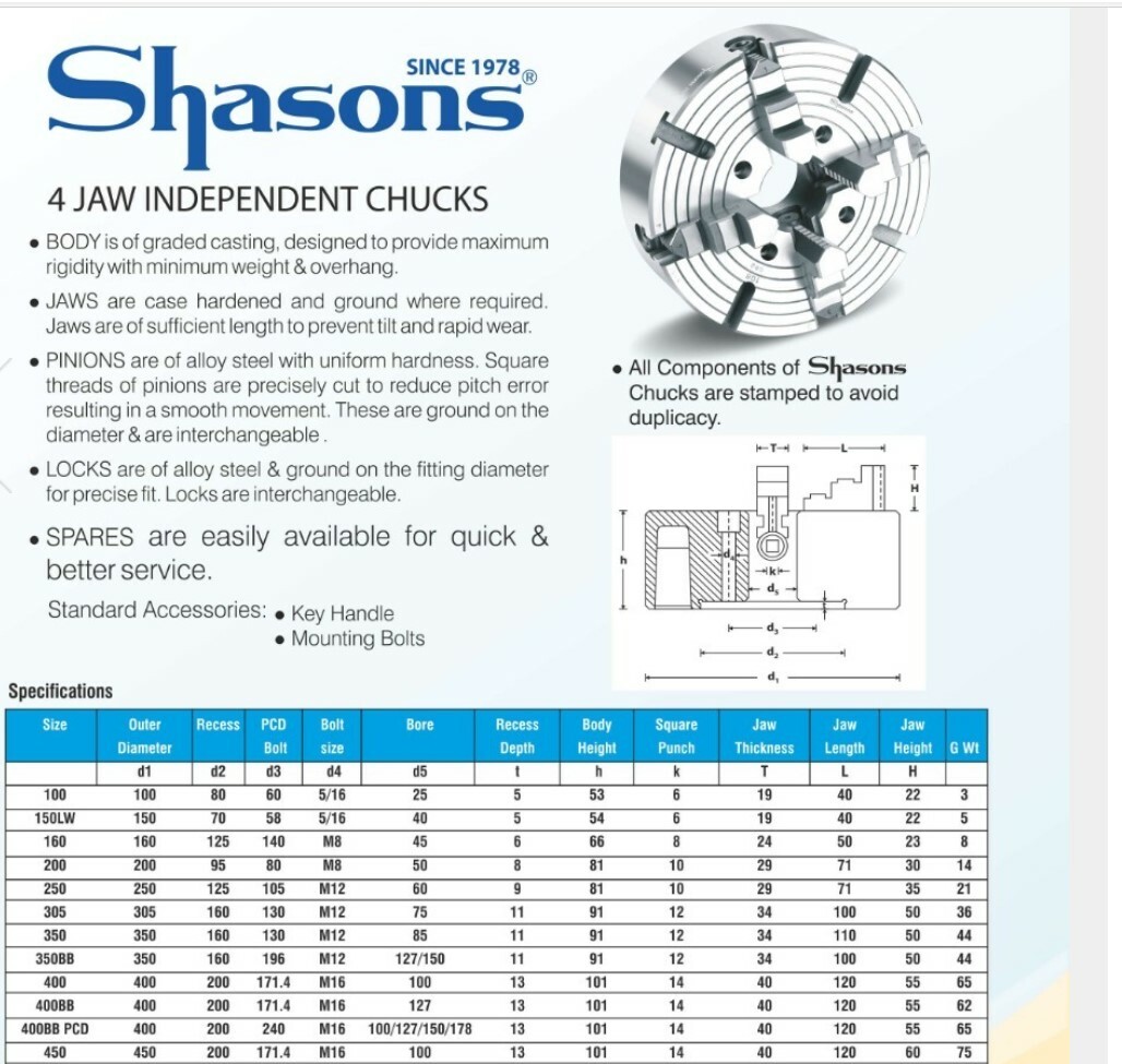 Turner 6"/160 mm Precision Quality Independent 4 Jaw Lathe Chuck w/Chuck Key