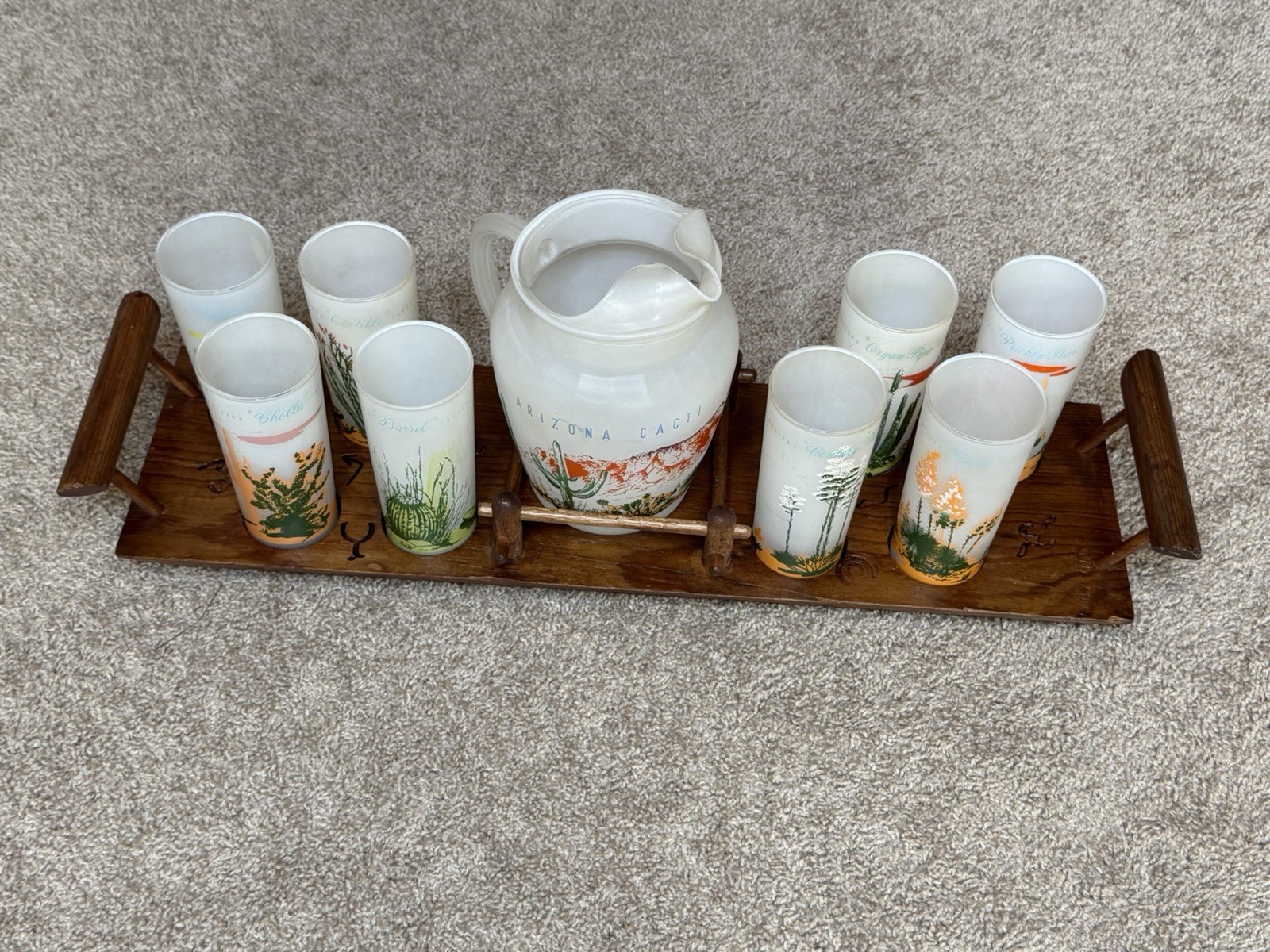 1950’s Vintage Blakely Oil & Gas ~ Arizona Cactus Frosted Glassware With Tray