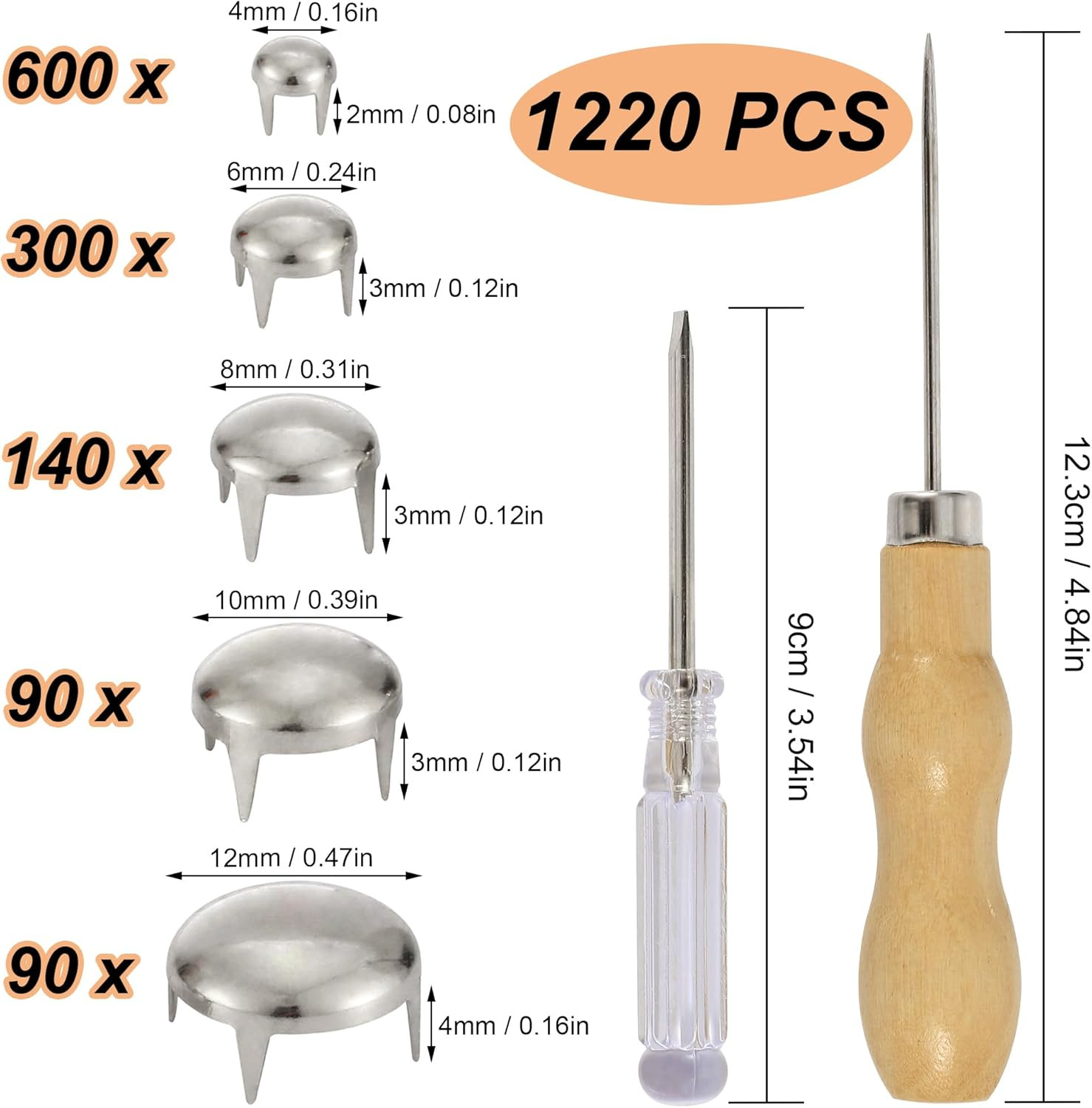 1220 Pcs Assorted Sizes Studs for Clothing Leather Rivets Round Dome Studs and S