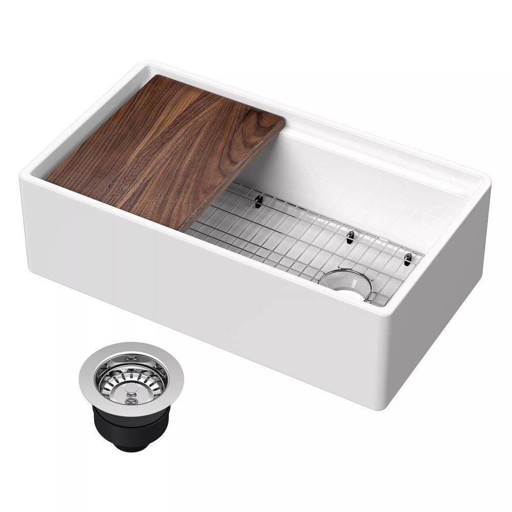 Nuie Fireclay Kitchen Sink with Ledge, Grid & Cutting Board 33x19x10"