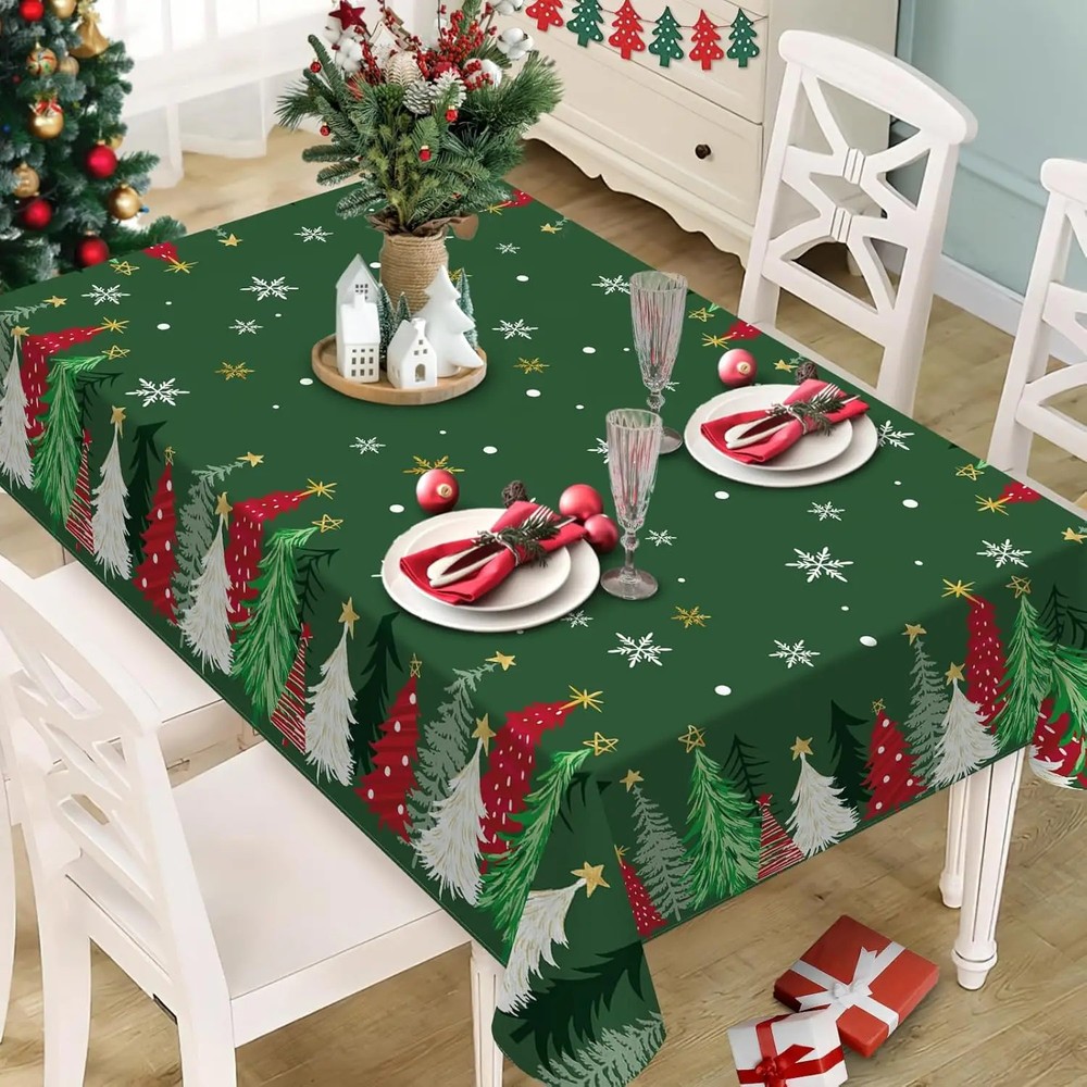 Christmas Tree Green Tablecloth for Table Decor Winter Xmas Pine Trees Snowflake