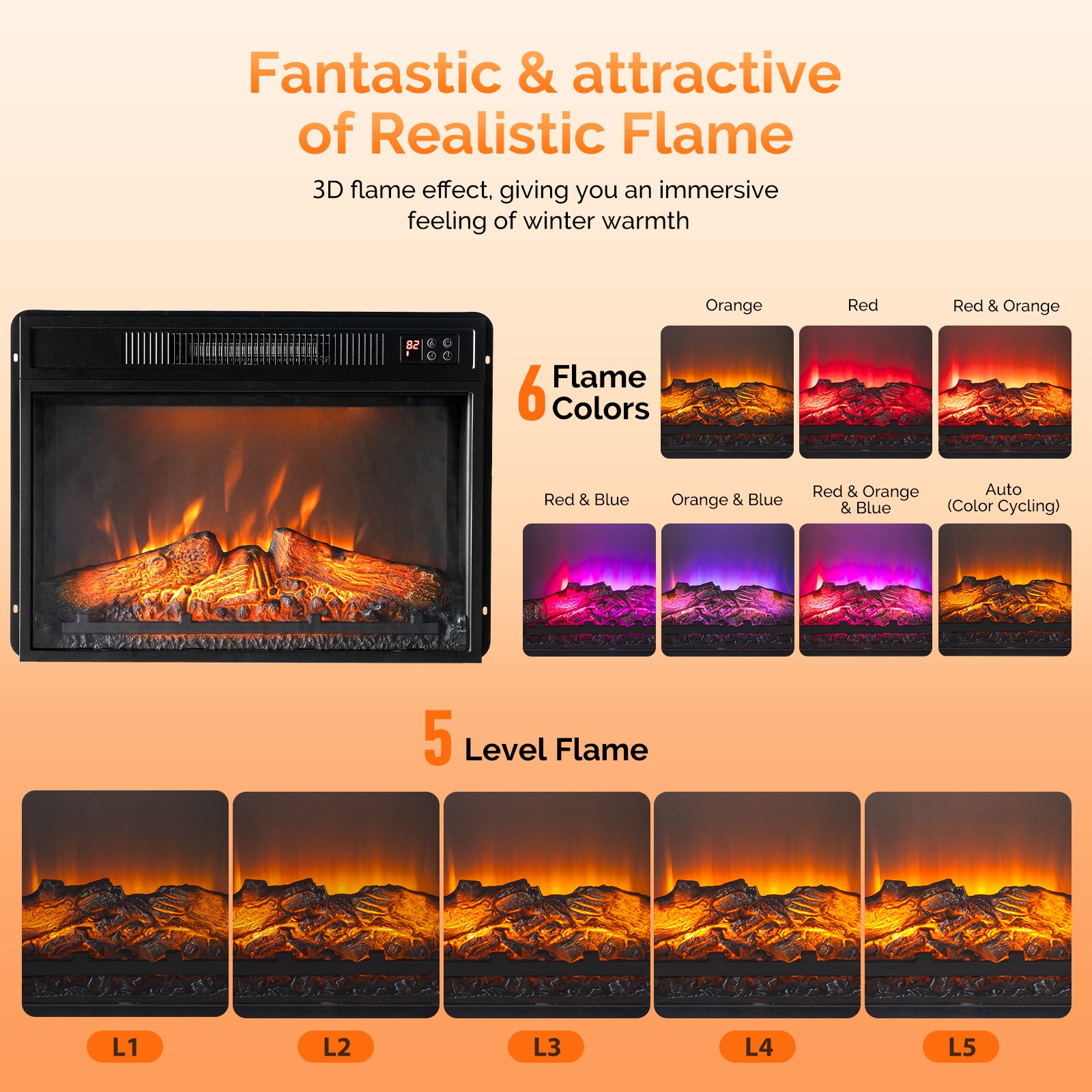23" Electric Fireplace Insert Heater with Remote APP 6 Color Adjustable Flames