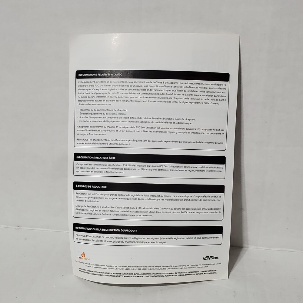 Guitar Hero Wireless Controller Instruction Manual ONLY - No Guitar, No Game