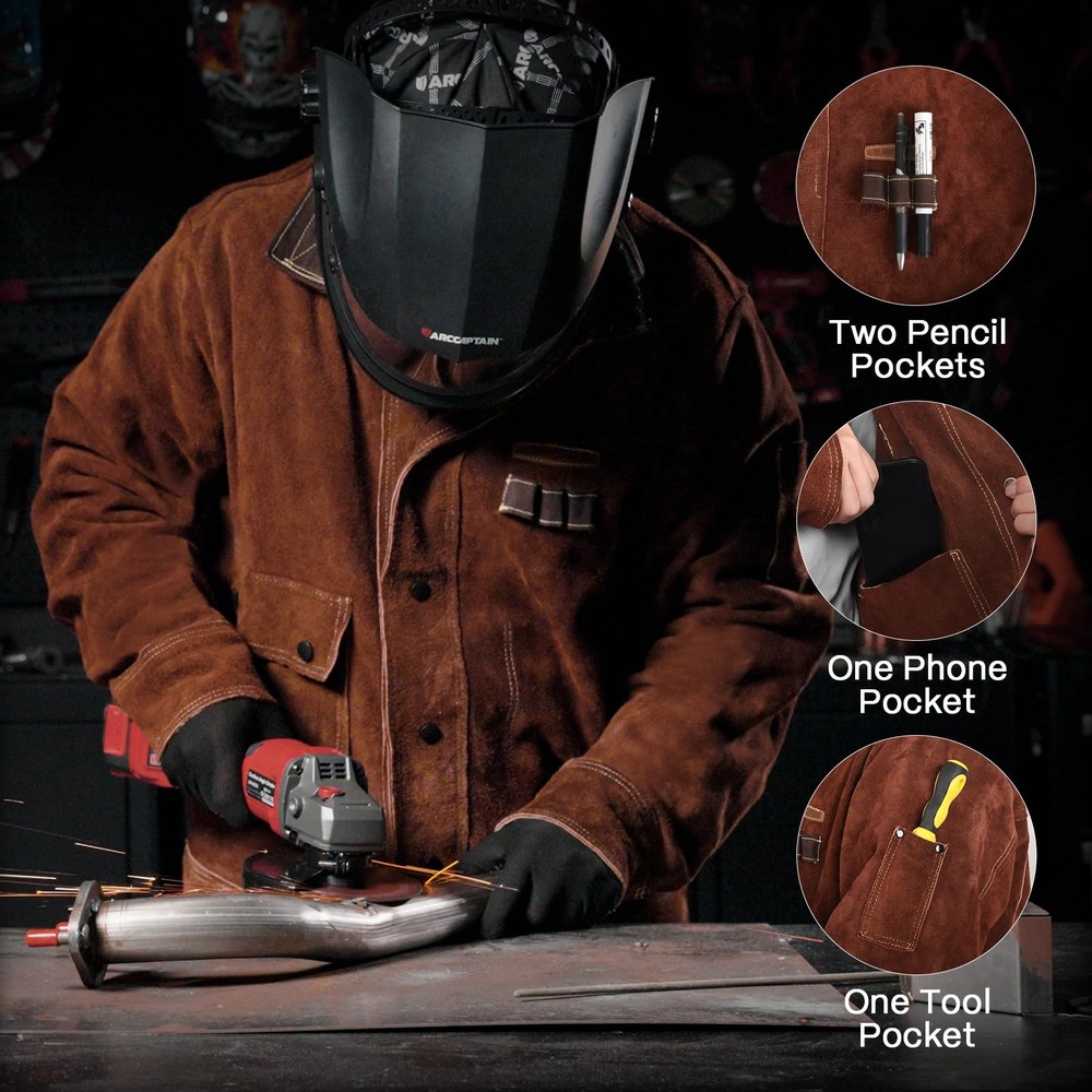 Leather Welding Jacket, Heavy Duty Welder Jackets with Flame Resistant Split ...