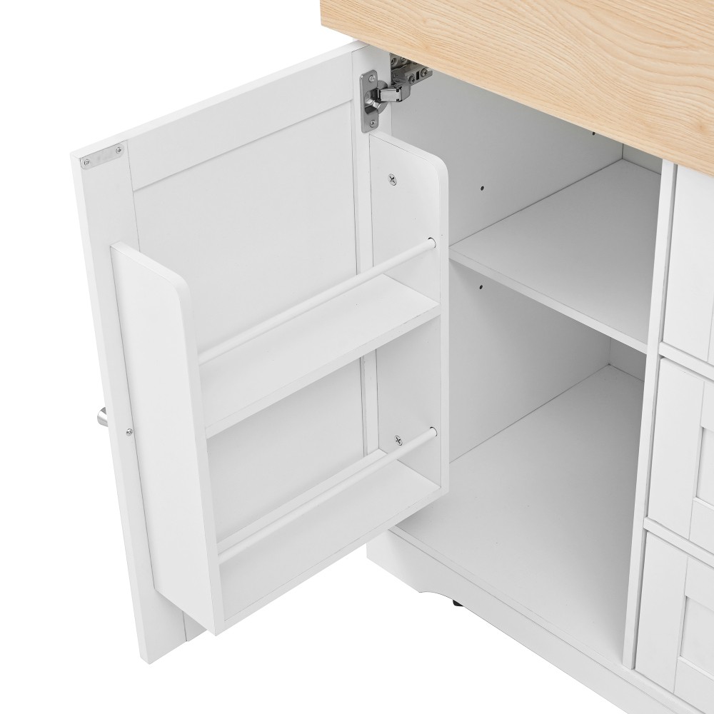 Kitchen Island w/ Power Outlet Wheels, Extendable Dining Table Storage White