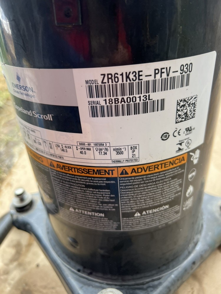 COPELAND SCROLL COMPRESSOR  Model  ZR61K3E - PFV-930 Year 2018- 220v  single ph
