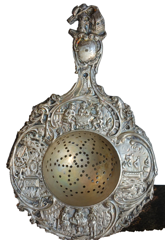 Antique Dutch Silver Tea Strainer Ornate,  Barbour Silver Co., CT, handle damage