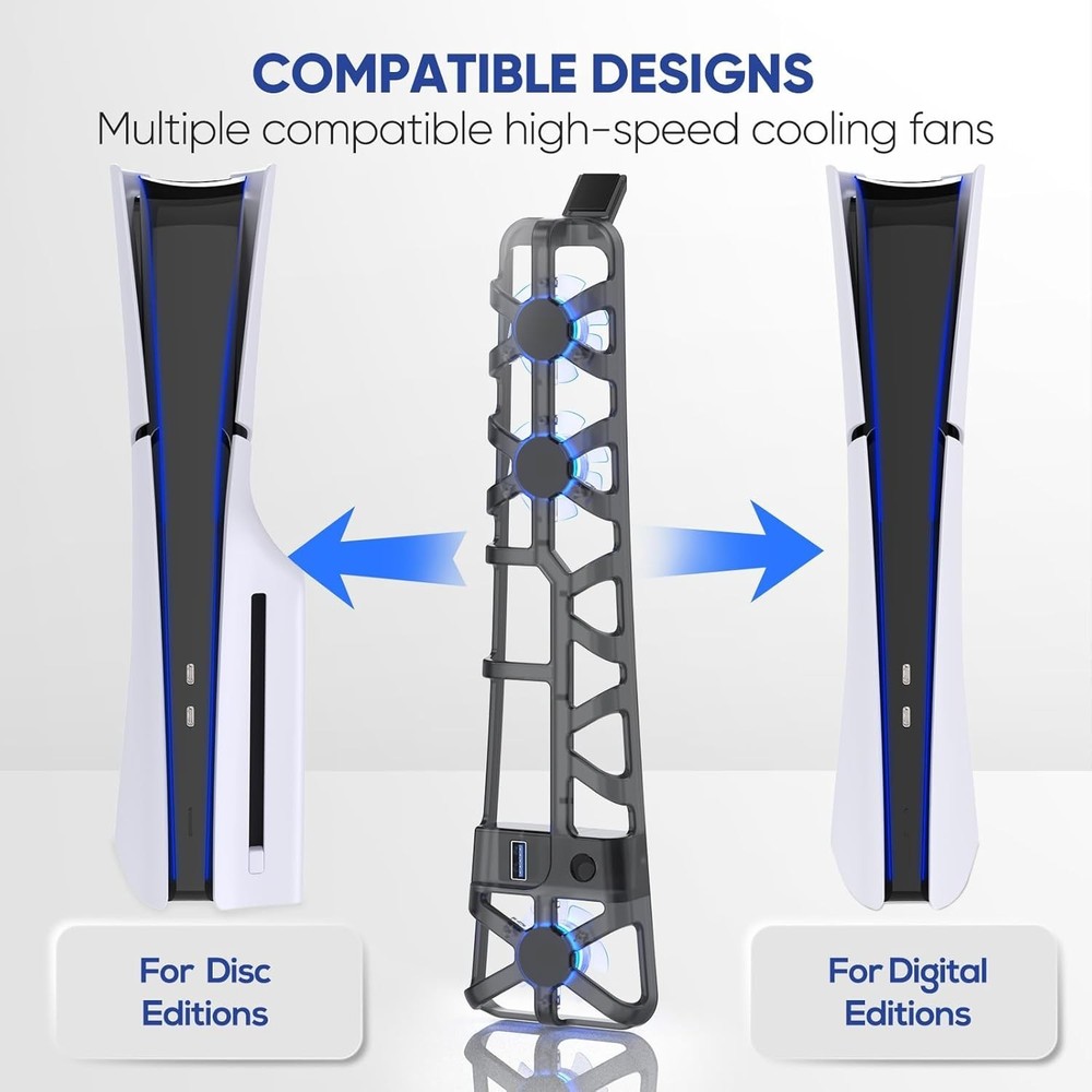 Enhanced PS5 Slim Cooling Fan - LED Light, Auto Memory Function, Compact Design
