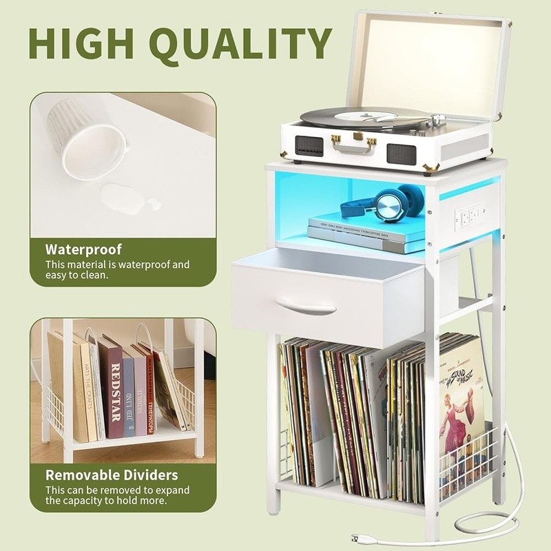 LED Nightstand Charging Station Record Storage Multifunctional Side Table New