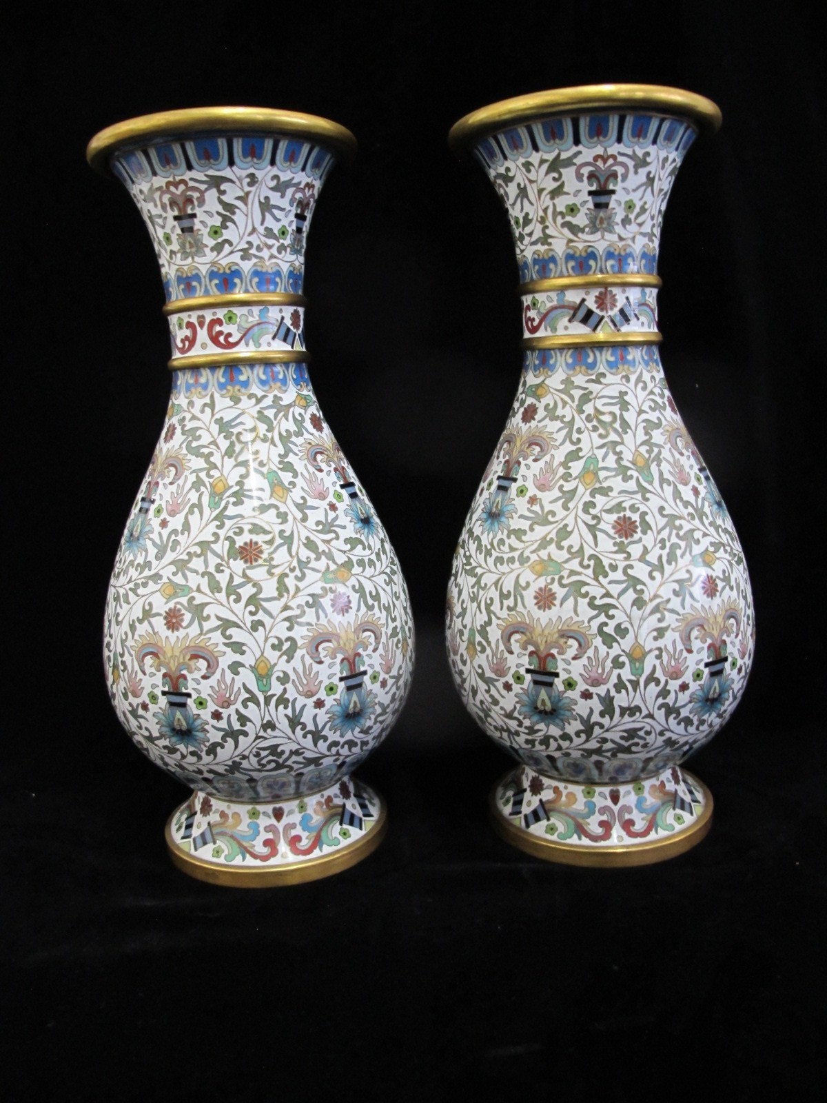 Large CHINESE White Enamel CLOISONNE Colorful FLOWER Vase Pair