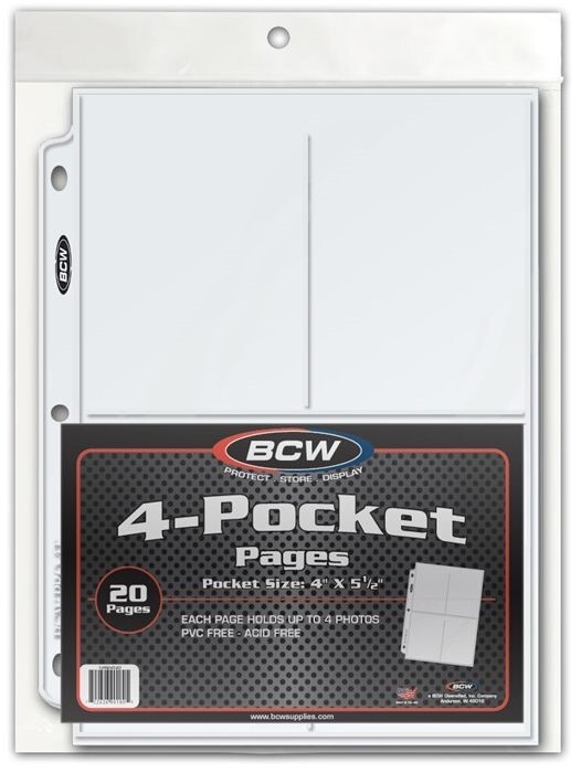 Pack of 20 BCW Pro 4-Pocket 3.5x5 Postcard or Photo Clear Album Pages