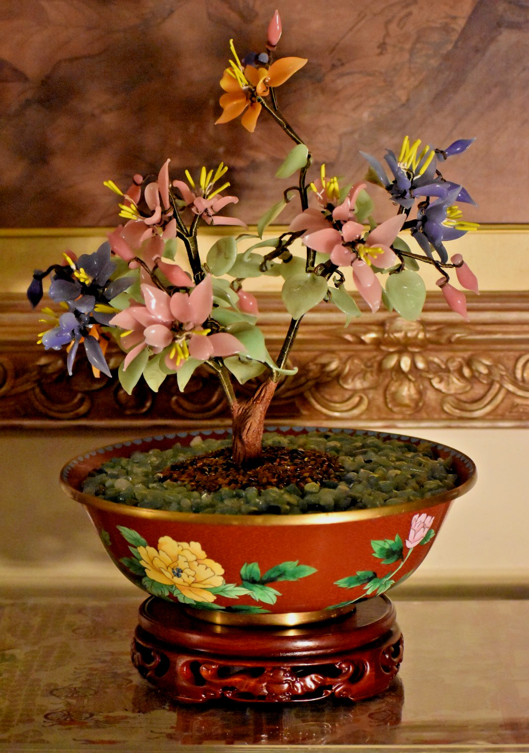 18" VINTAGE BONSAI PEKING GLASS TREE IN 10" BLUE CLOISONNE BOWL W/ EBONY BASE