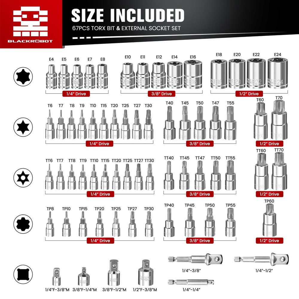 67-Piece Master Torx Bit Socket and E-Torx Socket Set, 1/4” 3/8” 1/2” Drive(E...