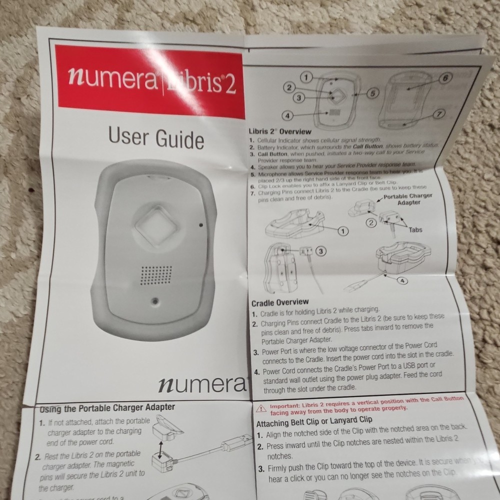 Numera Libris 2 Mobile GPS Alert Device Gray Panic Button Base Station Charger