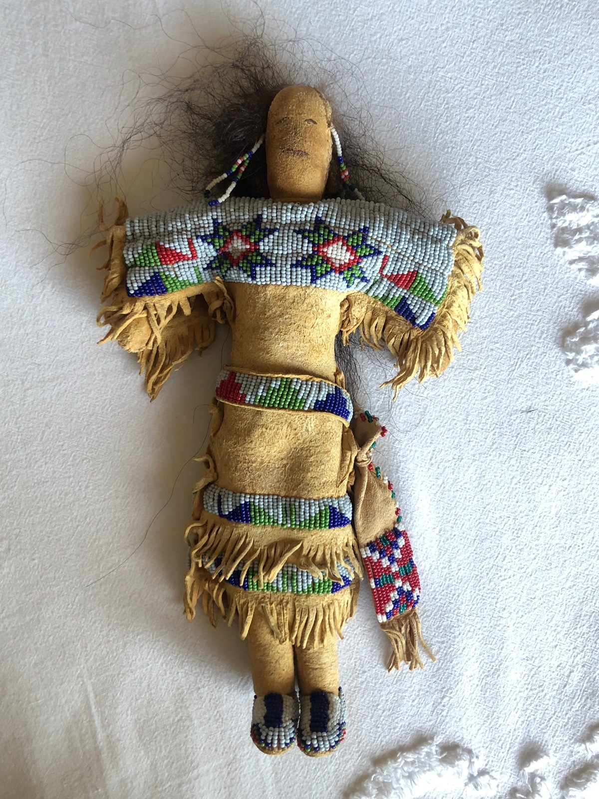 1900s Lakota Native American Handmade, 12” Doll, Finely Beaded, Human Hair