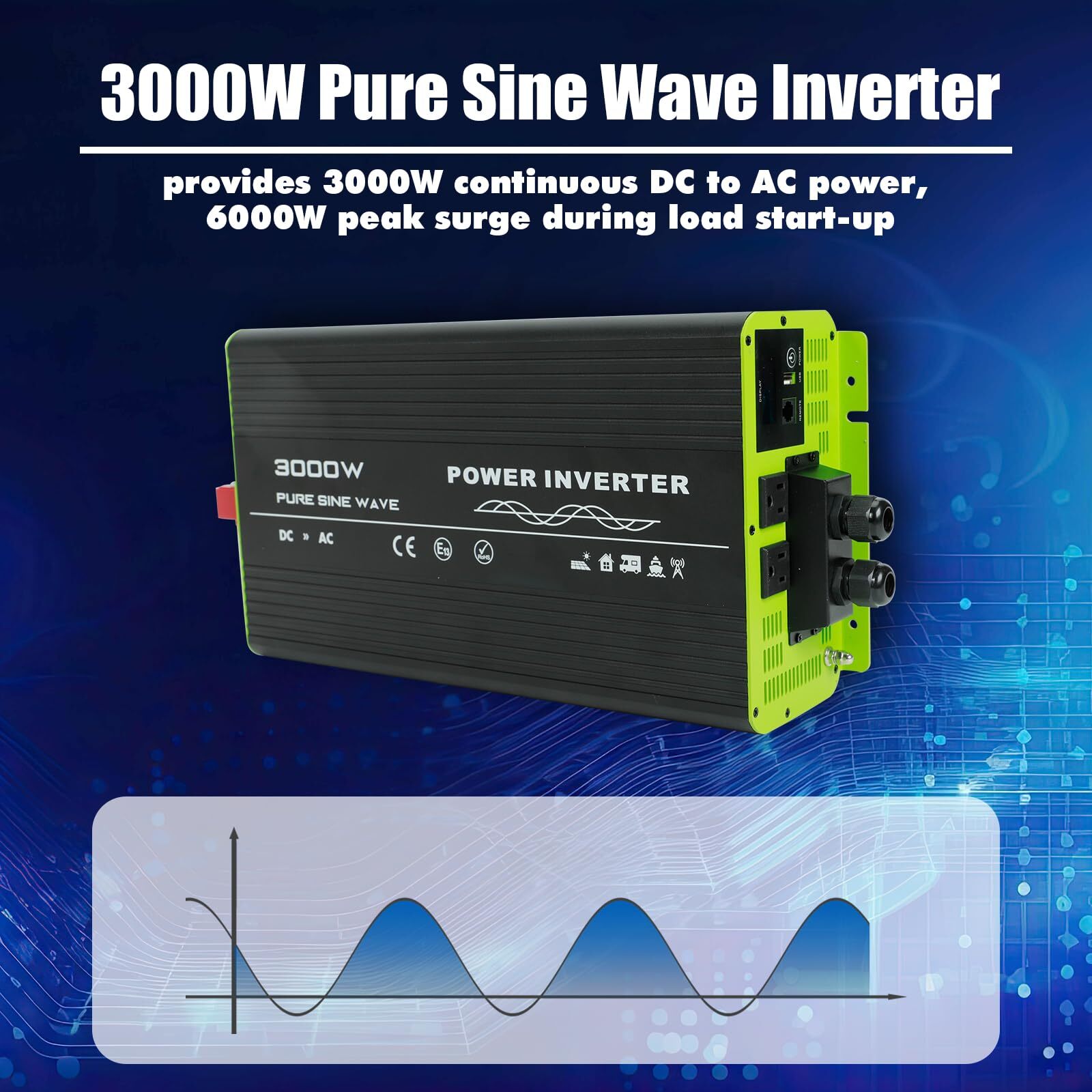 Pure Sine Wave Inverter 3000W 12V DC to 120V AC Converter for RV Camper