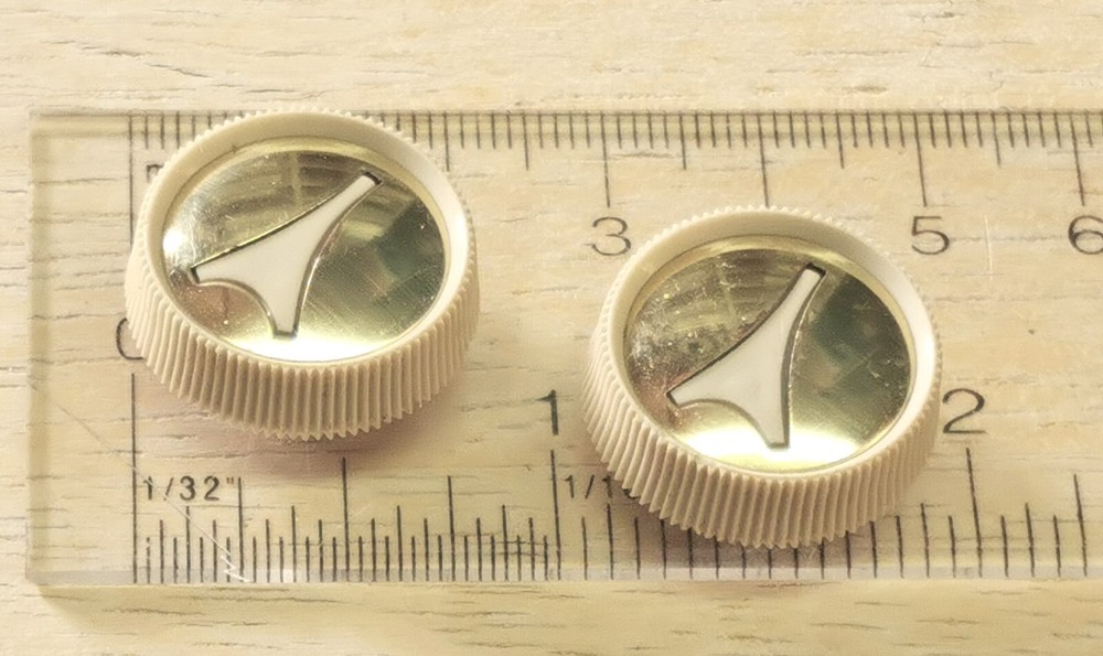 Pair Vintage 1960's Ivory Plastic Radio or TV Knobs with Brass Insert Pointer