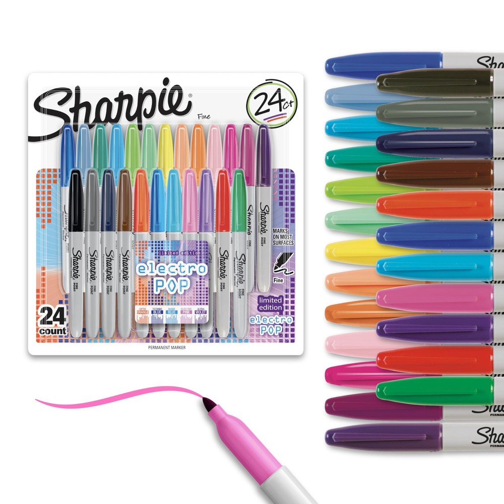 Electro Pop Permanent Markers, Fine Tip, Marker Set, Assorted Colors, 24 Coun...