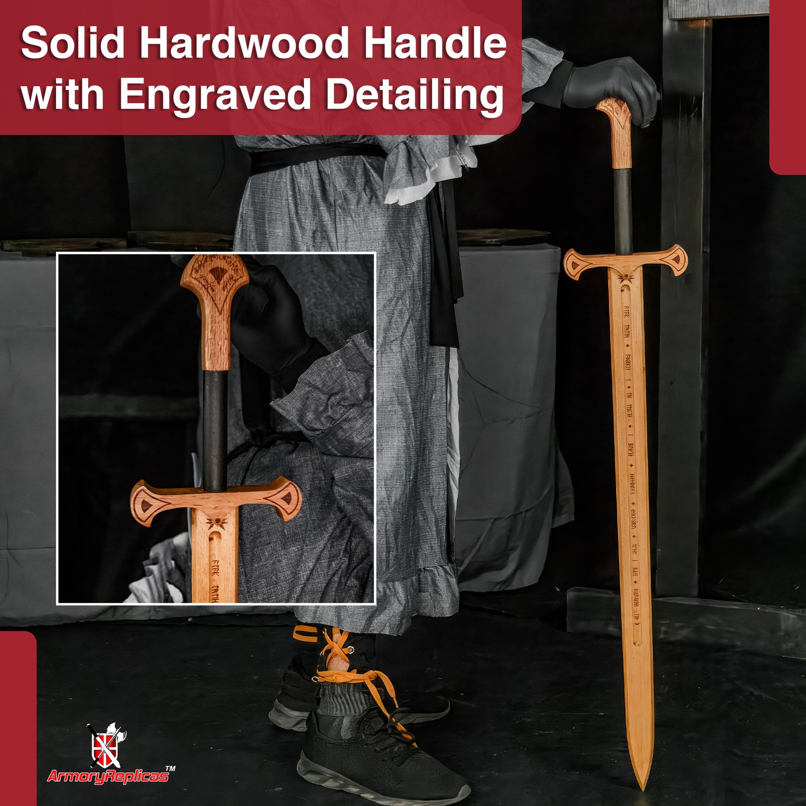Medieval Wooden Training Sword Practice Longsword Cosplay Stage Combat Replica