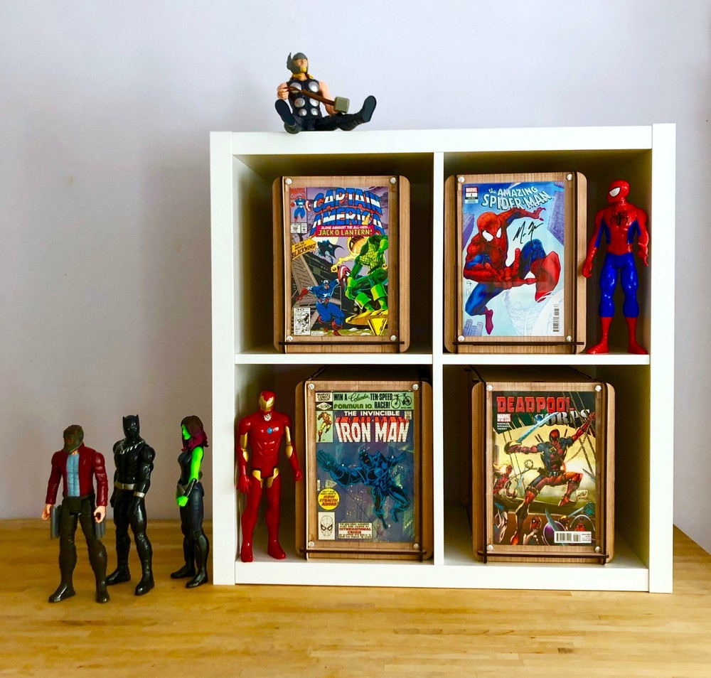 Three Comic Book Storage Boxes With Acrylic Display Frames