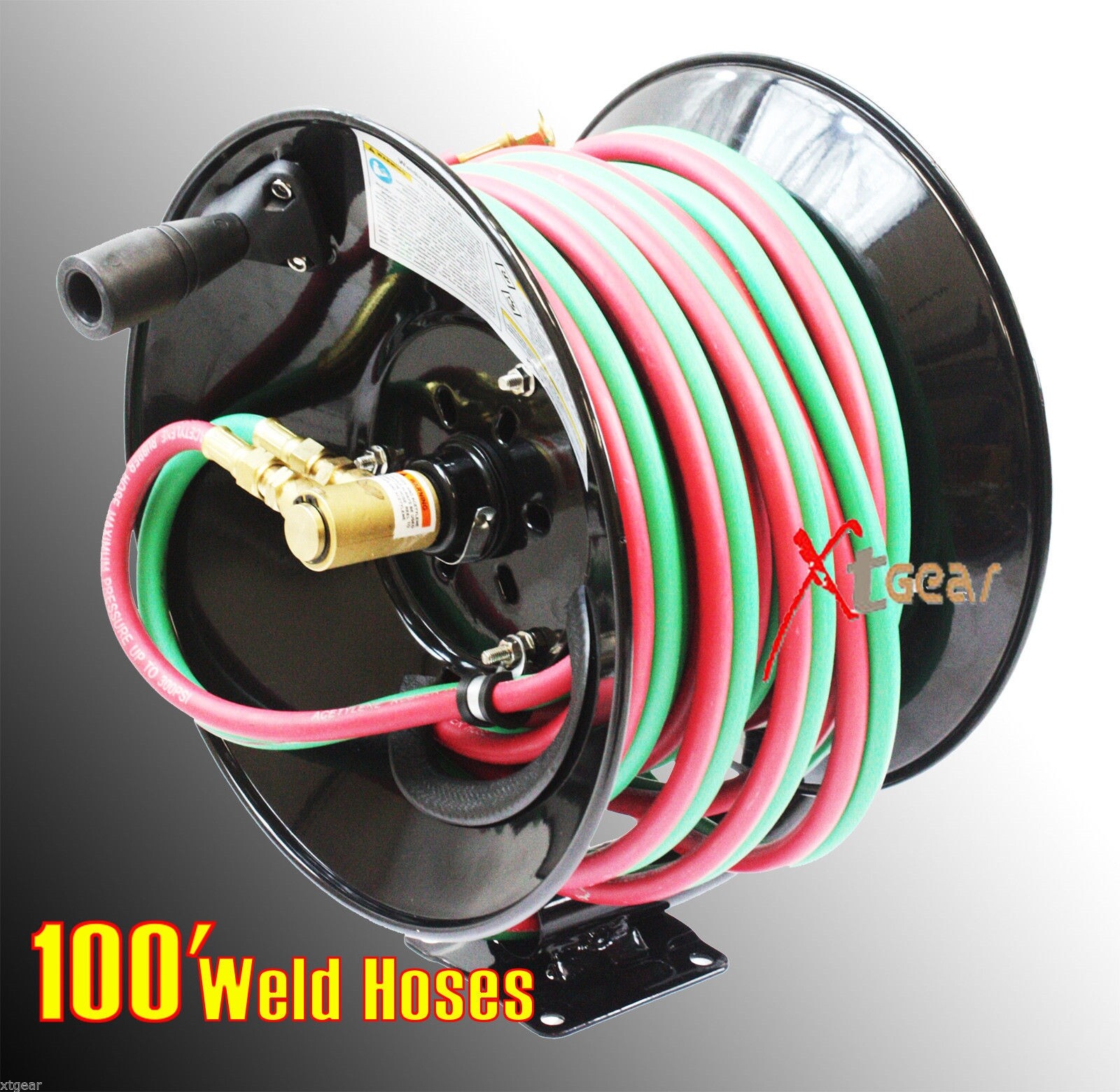 300psi 100' Manual Twin Oxy Acetylene Welding Hose Reel Mount w/100ft Weld Hoses