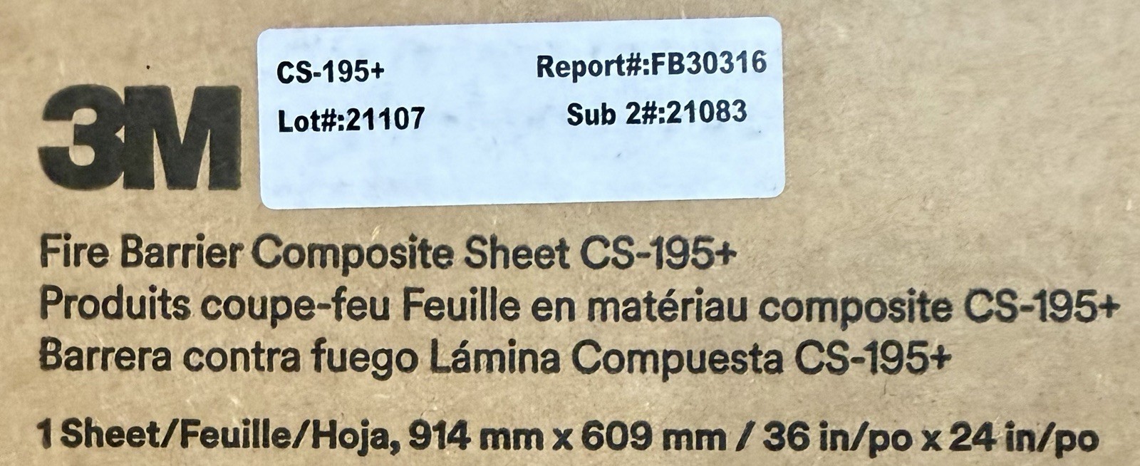 NEW 3M CS-195+ Fire Barrier Composite Sheet 36” X 24” #7100011414 - SHIPS FREE!!