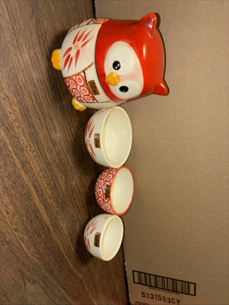 Temptations Owl Nesting Measuring Cup Set - 5 Piece Ceramic Kitchen Bakeware RED