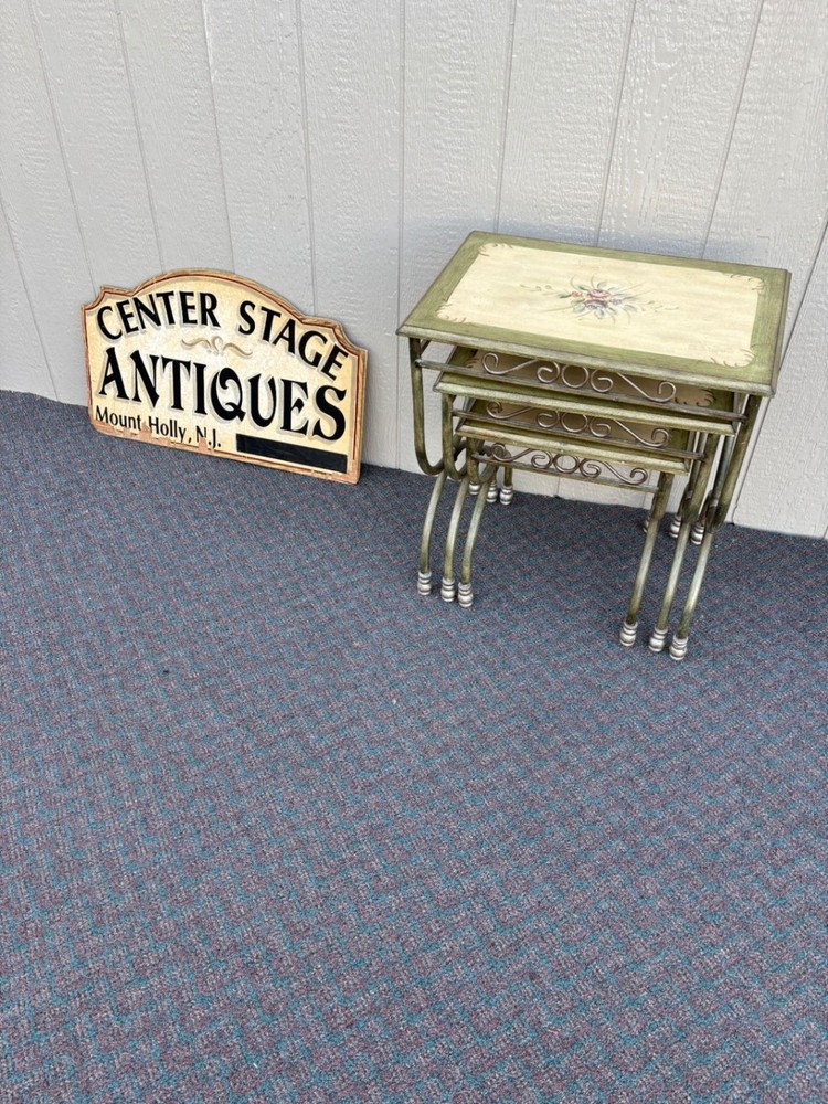 67614 Vintage Hand-Painted Stacking Nesting Tables with Metal Frames