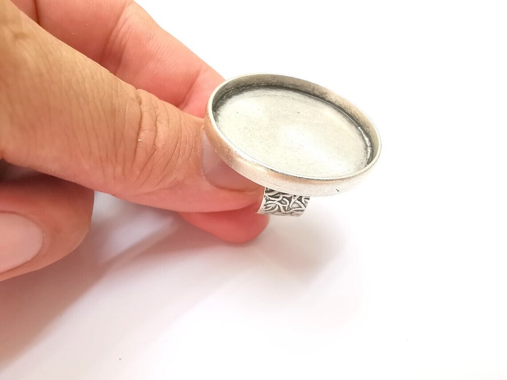 Round Antique Silver Ring Blank Setting, Cabochon Mounting Adjustable Resin Ring