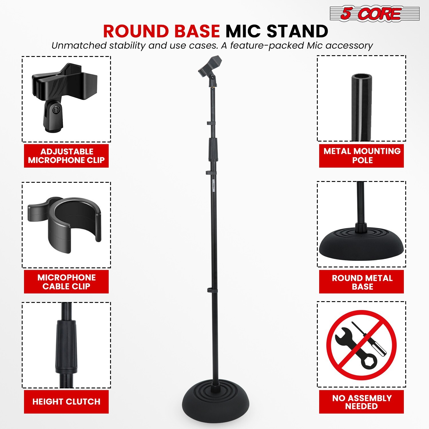 5Core Compact Base Microphone Floor Stand with Mic Holder 37.5 to 70 inches