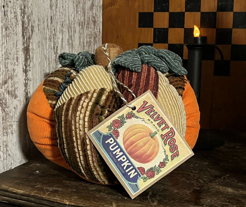 Grubby Primitive Patchwork Pumpkin Pillow Fall Halloween w Rose Advertising Tag