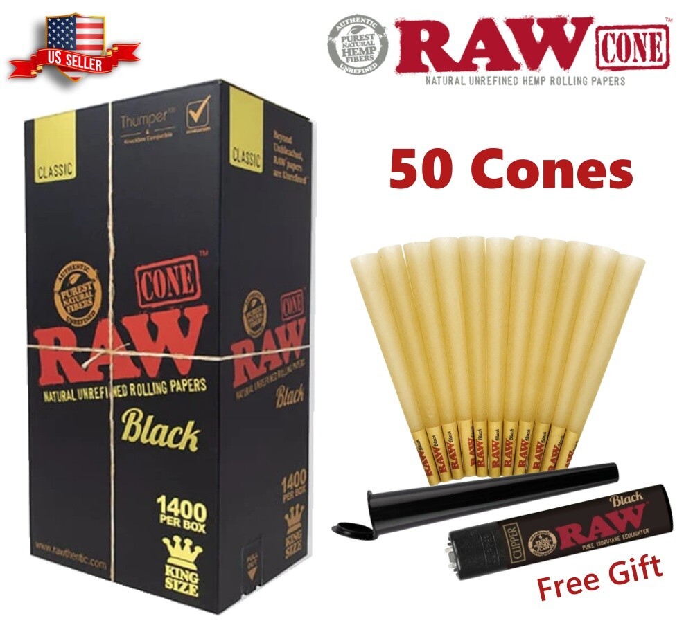 Authentic RAW Black King Size Pre-Rolled Cone 50 Pack & Clipper Lighter & Tubes