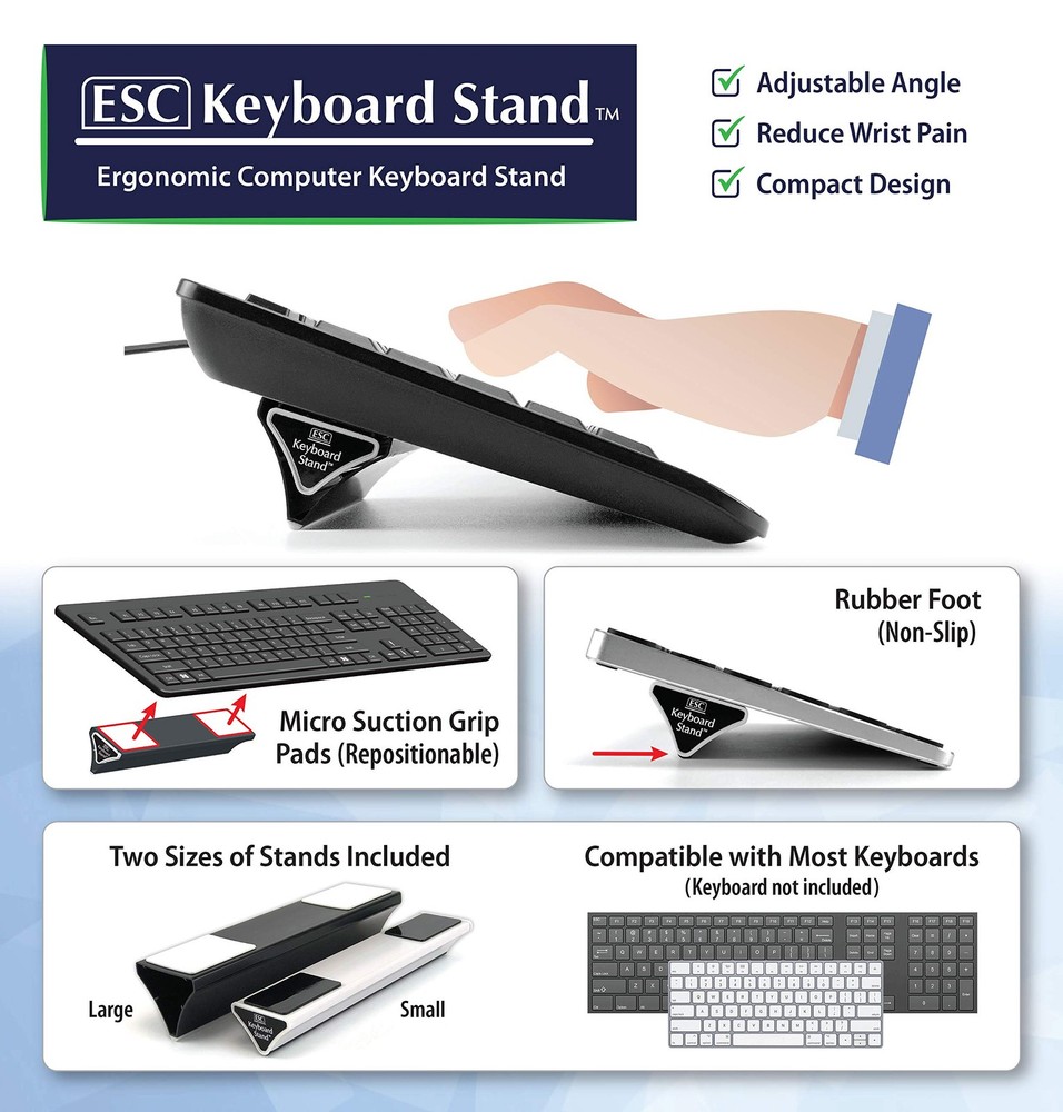 ESC Keyboard Stand 2 Sizes Fixed Tilt Ergonomic Riser for Compact & Full Keyb...