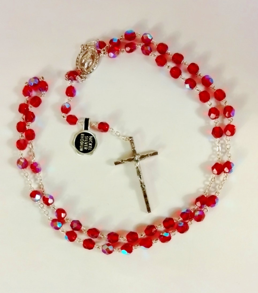 Vintage Ruby Red Crystal Rosary Aurora Borealis Beads ITALY  NOS
