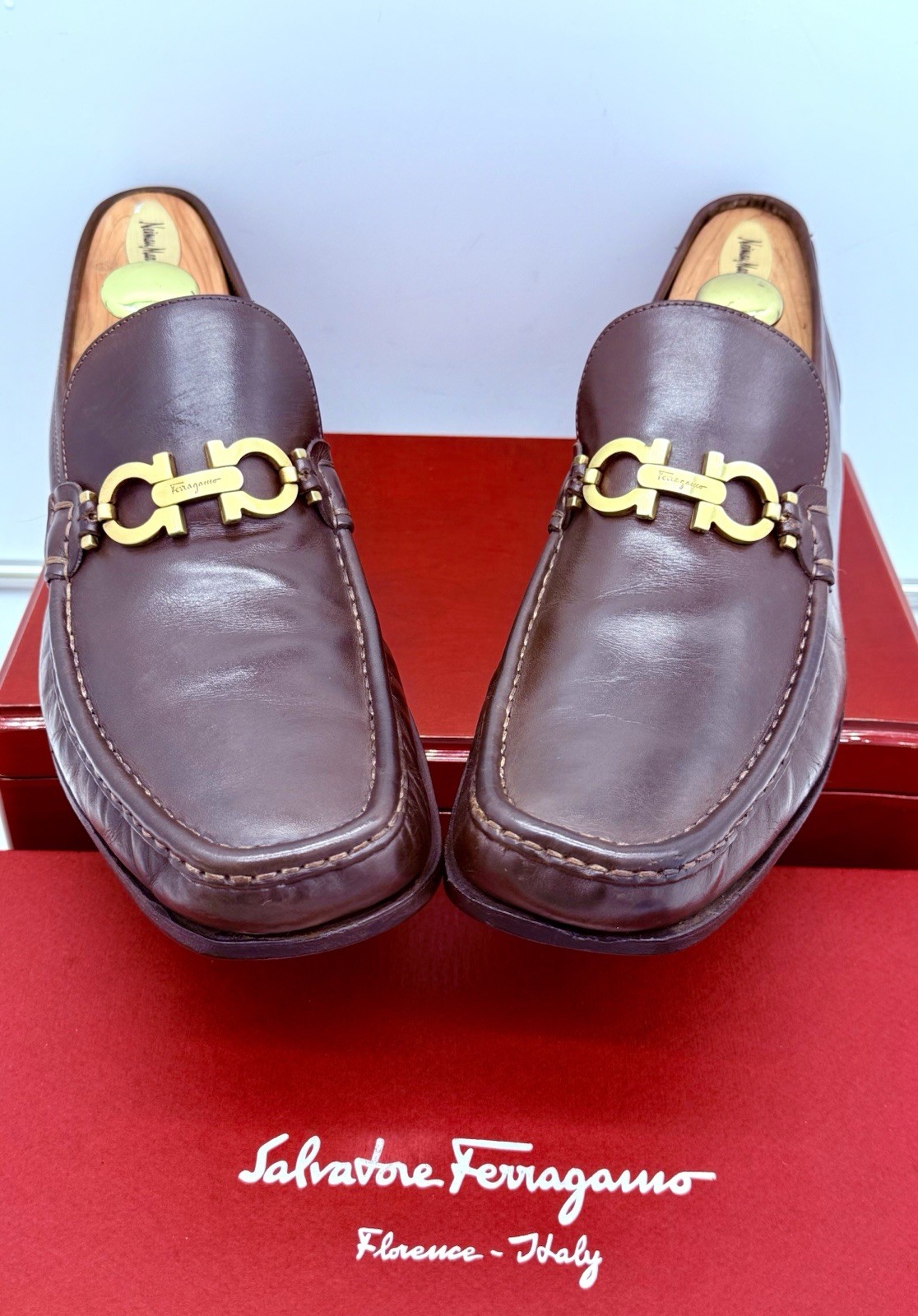 Ferragamo Mens Brown Loafers 12 Gold Gancini Horse Bit Leather Luxe Shoes Rare