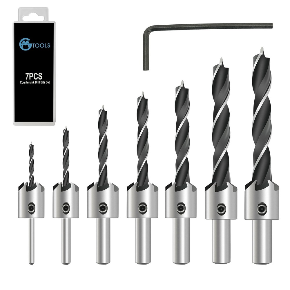 GMTOOLS Countersink Drill Bit Set, 7Pcs Tapered Bits M2 HSS, with 3mm