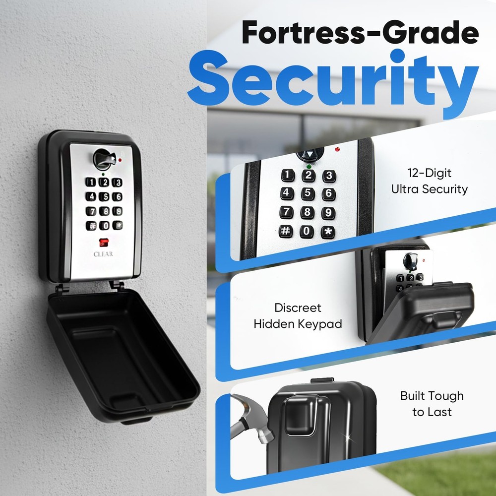 Wall Mount Key Lock Box with 12Digit Resettable Combination, Weatherproof Out...