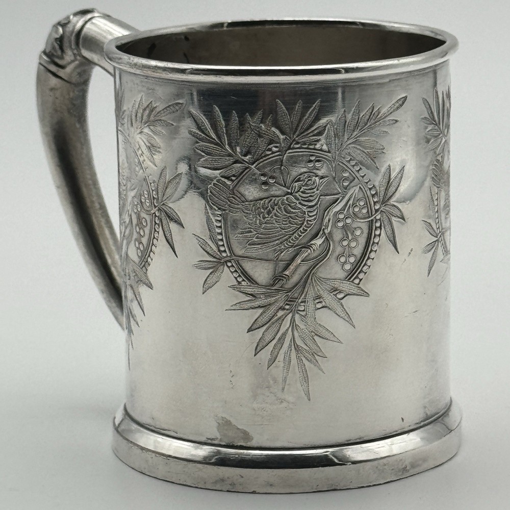 Vintage Mini Silverplate Mug Bird Bamboo Etched 3” Small Cup Keepsake Decor