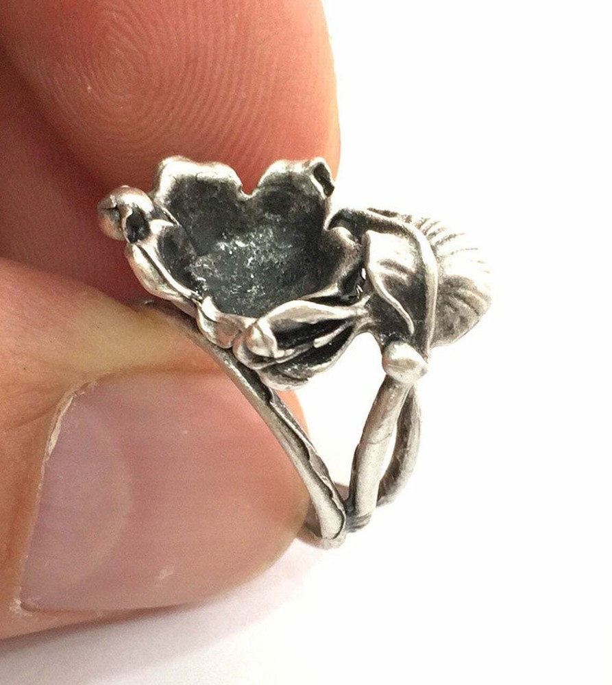 Flower leaf Ring Blank Base Bezel Setting Antique Silver Brass Adjustable G3529