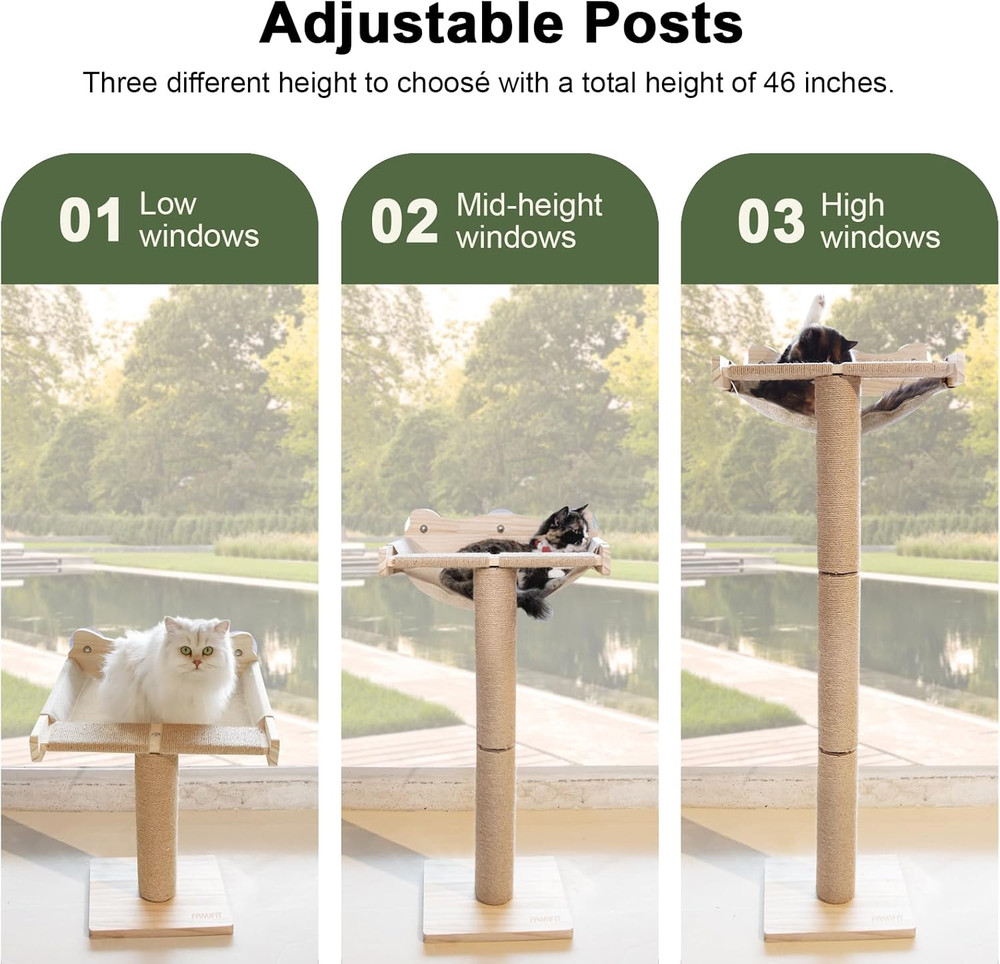 Cat Window Perch with Scratching Post, 46" Adjustable Tall Scratching Posts & Su