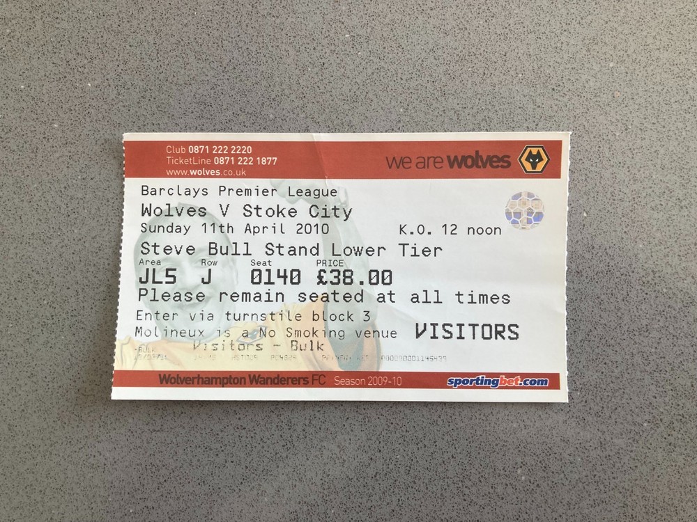 Wolverhampton Wanderers v Stoke City 2009-10 Match Ticket