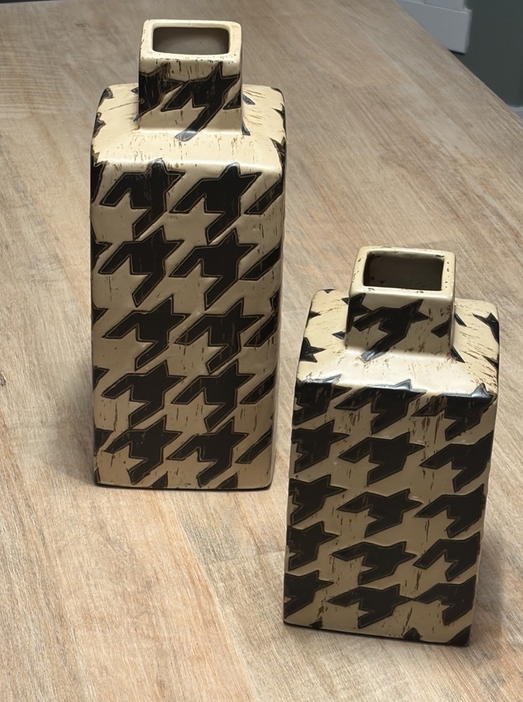 Two (2) Houndstooth Square Ceramic Vases